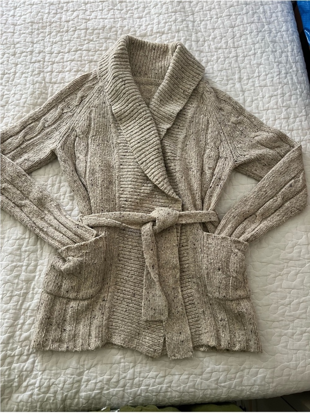Chunky Sweater Belted Shawl-Collar Wool-Blend Cable-Knit Cardigan Cream GAP